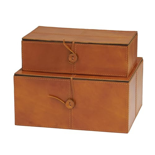 Deco 79 Leather Handmade Decorative Box Storage Decorative Keepsake Boxes with Leather Loop Closure and Detailed Stitching, Set of 2 Storage Boxes 11", 10"W, Brown | Amazon (US)