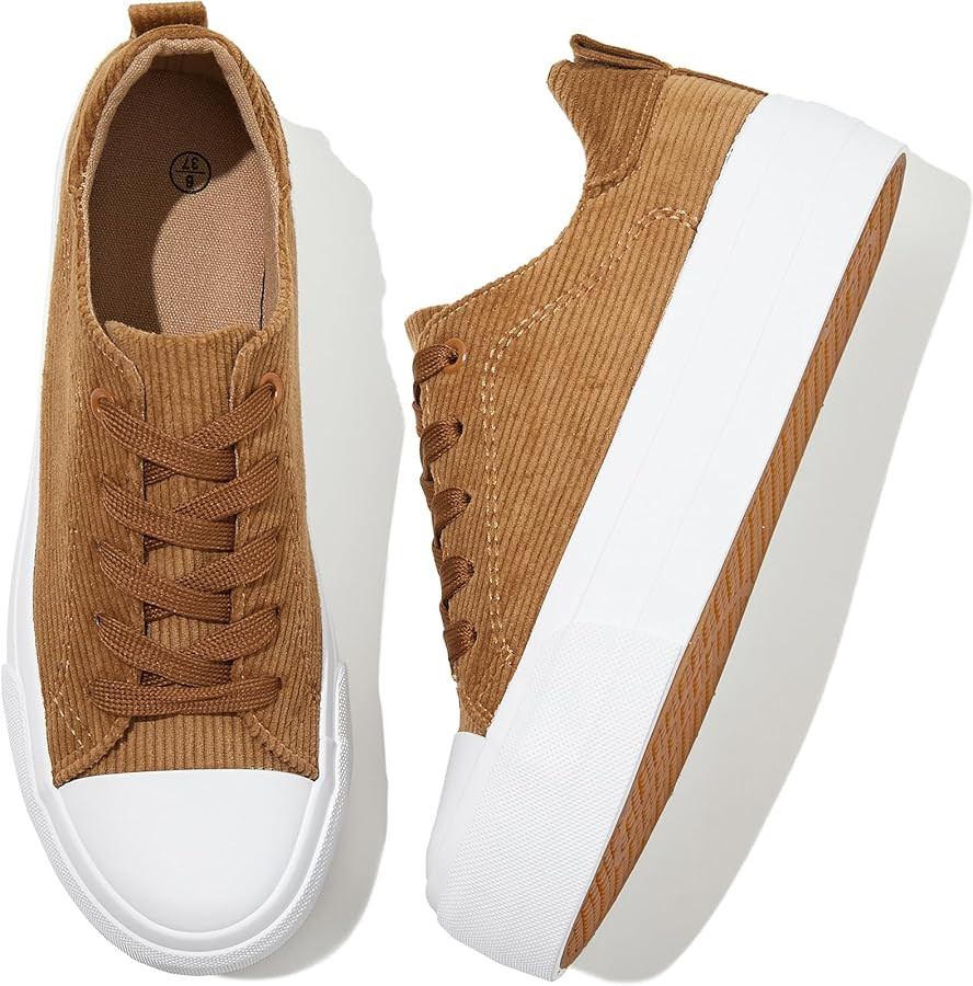Adokoo Women's Platform Sneakers Corduroy White Sneakers Shoes for Women Black Low Top Lace Up Ca... | Amazon (US)