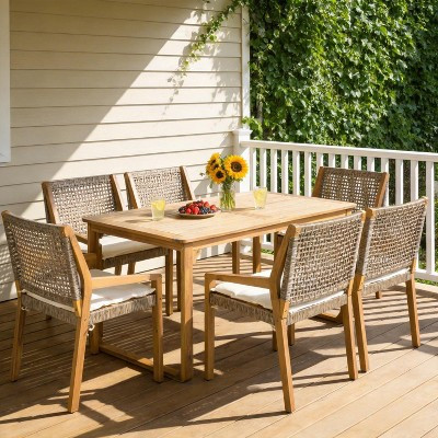 ModernLuxe 7-Piece Outdoor Dining Table Set, Acacia Wood Frame Table with Wicker Rope Back Dining Chairs For Patio, Deck, Garden | Target