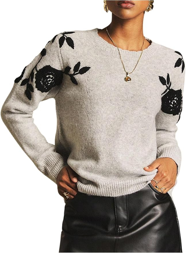 BEAUDRM Women's Floral Print Sweater Crew Neck Long Sleeve Ribbed Knit Pullovers Fall Winter Outf... | Amazon (US)
