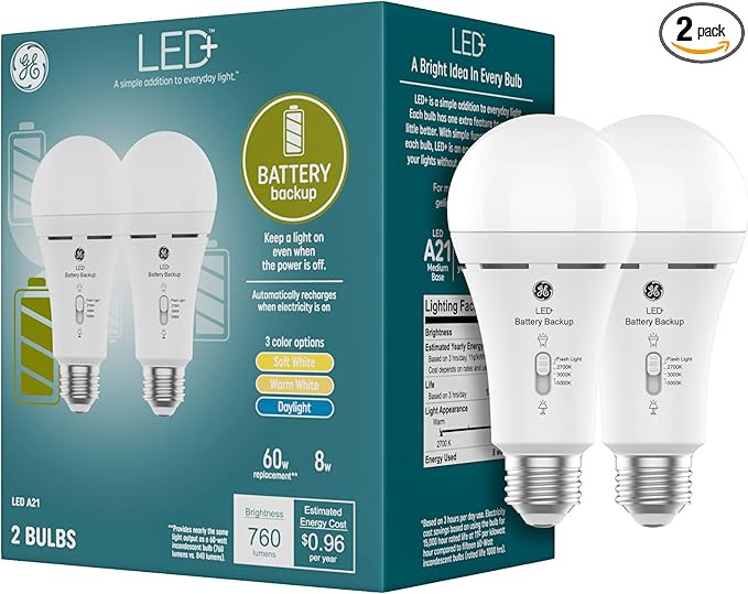 GE LED+ Backup Battery LED Light Bulbs, A21 Rechargeable Emergency Light for Power Outages + Flas... | Amazon (US)