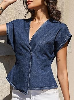 EVALESS Womens Denim Shirts Short Sleeve Button Down Shirts Spring Summer Tops V Neck Work Blouse... | Amazon (US)