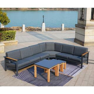 Aliya 7-Piece Aluminum Patio Conversation Set Nesting Table With Gray Cushions (Set of 3 | The Home Depot