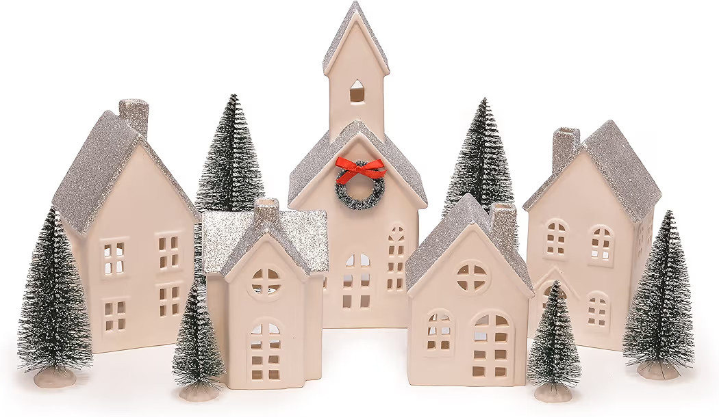 Mark Feldstein & Associates Silver Rooftopped Village with Trees, White Porcelain LED Holiday Fig... | Amazon (US)