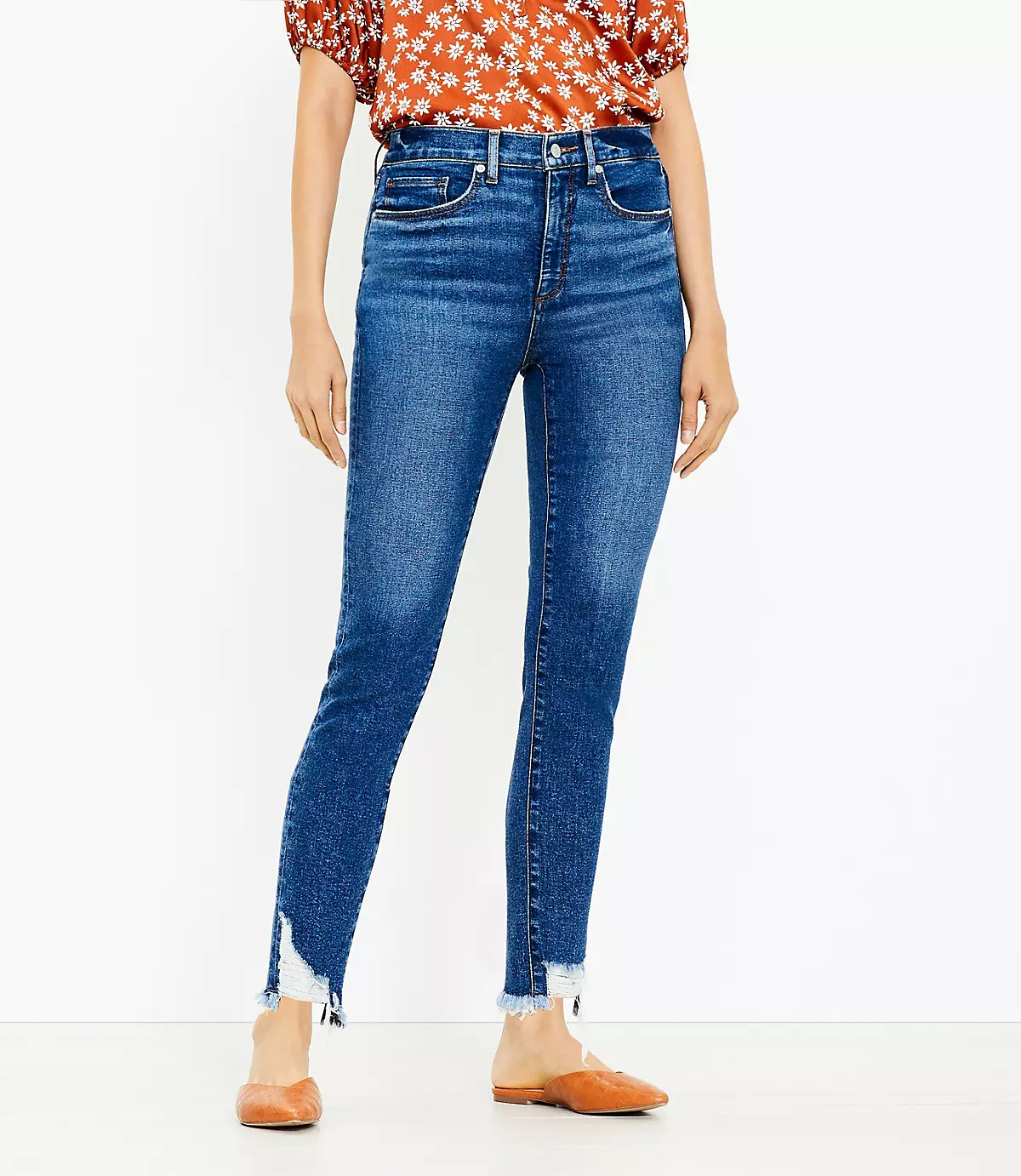 Curvy Chewed Hem High Rise Skinny Jeans in Original Mid Indigo Wash | LOFT | LOFT