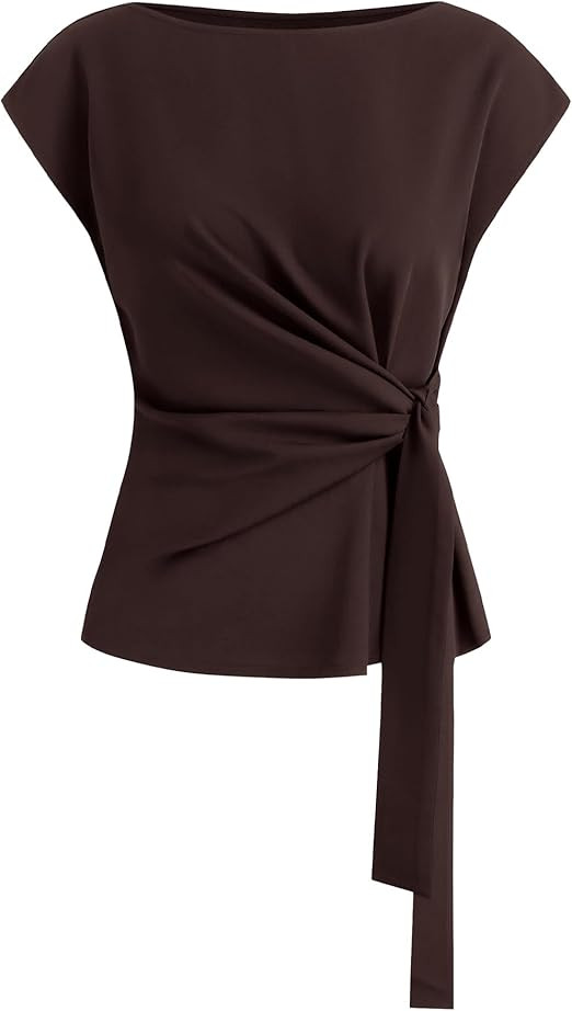 BTFBM Womens Tops Summer 2026 Cap Sleeve Crew Neck Tie Waist Blouses Dressy Casual Business Work ... | Amazon (US)