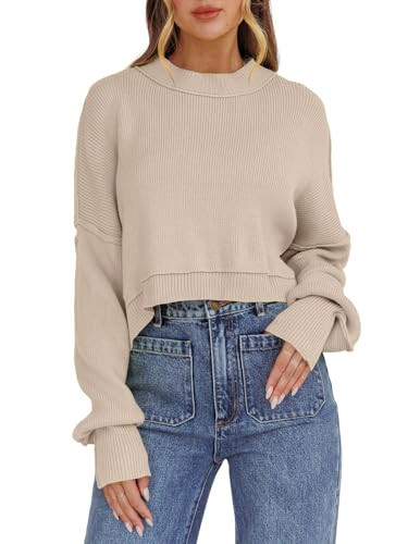 Yesfashion Womens Oversized Cropped Sweaters Crewneck Long Lantern Sleeve Side Split Ribbed Knit Pullover Sweater Tops Apricot | Amazon (US)