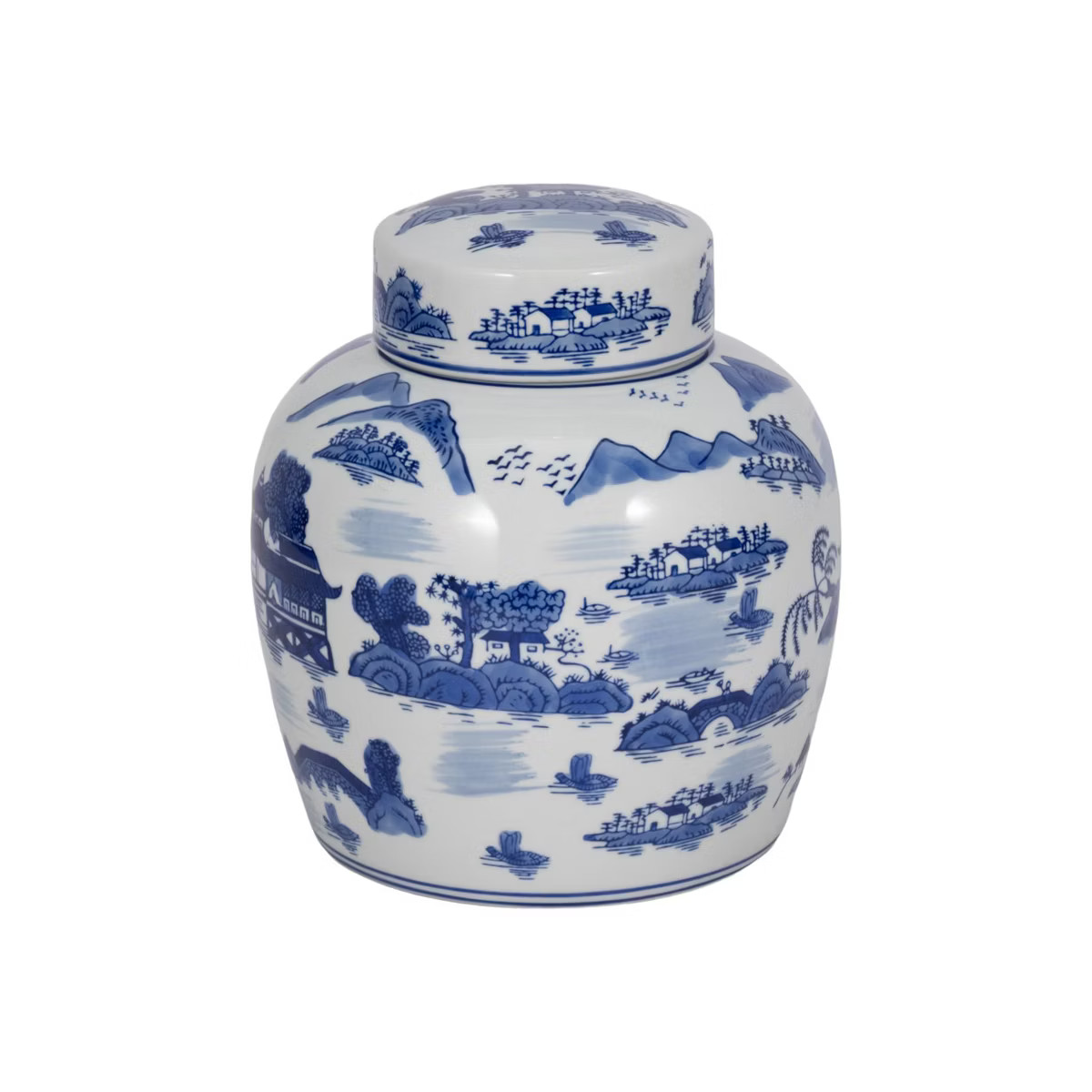 Sagebrook Home 9" Ceramic Round Jar - Blue and White Chinoiserie Temple Design Contemporary Decor... | Target