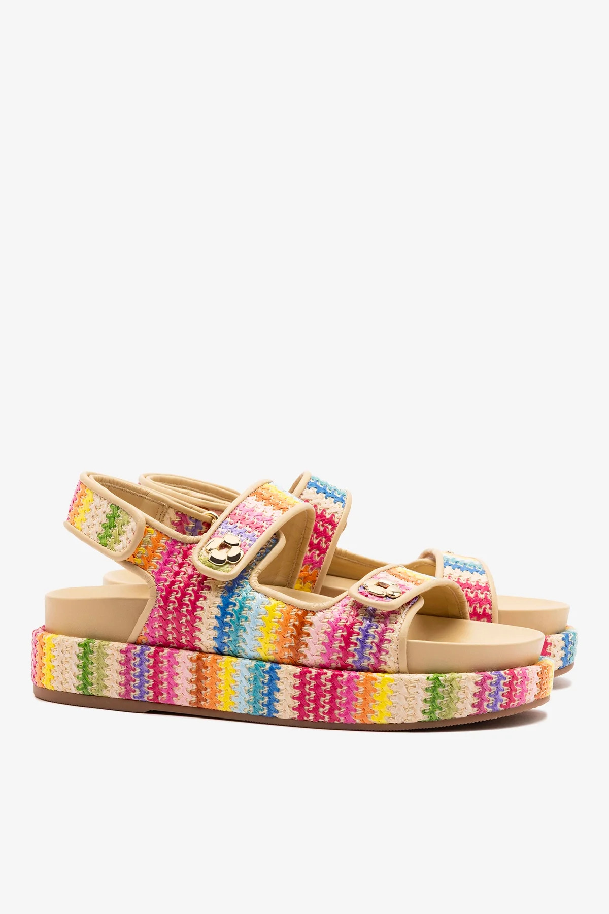 Jetty Sandal In Rainbow Raffia and Beige Leather | Larroude