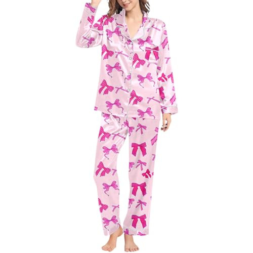 Bow Pjs for Women Set, Valentines Pajamas for Women Long Sleeve Buttoned Lapel Womens Pajama Sets Bow Print Pajamas for Women Set2025hot Pink | Amazon (US)