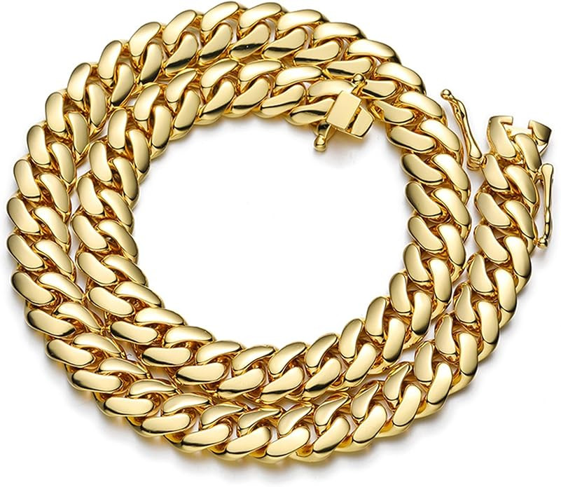 10mm Gold Plated Stainless Steel Cuban Link Chain Necklace & Bracelet - With Smooth Buckle Clasp ... | Amazon (US)