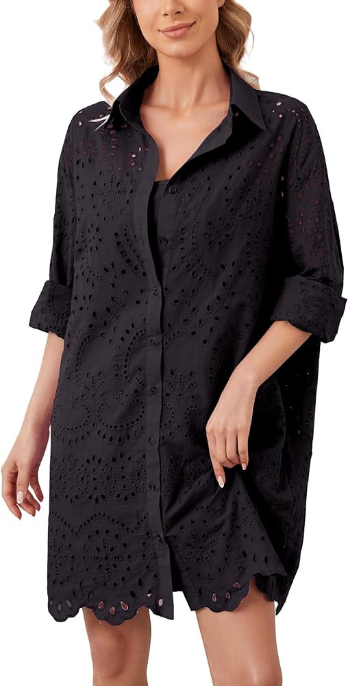 Women Hollow Out Eyelet Button Down Lapel V Neck Long Sleeve Ruffle Flowy Solid Oversized Loose M... | Amazon (US)