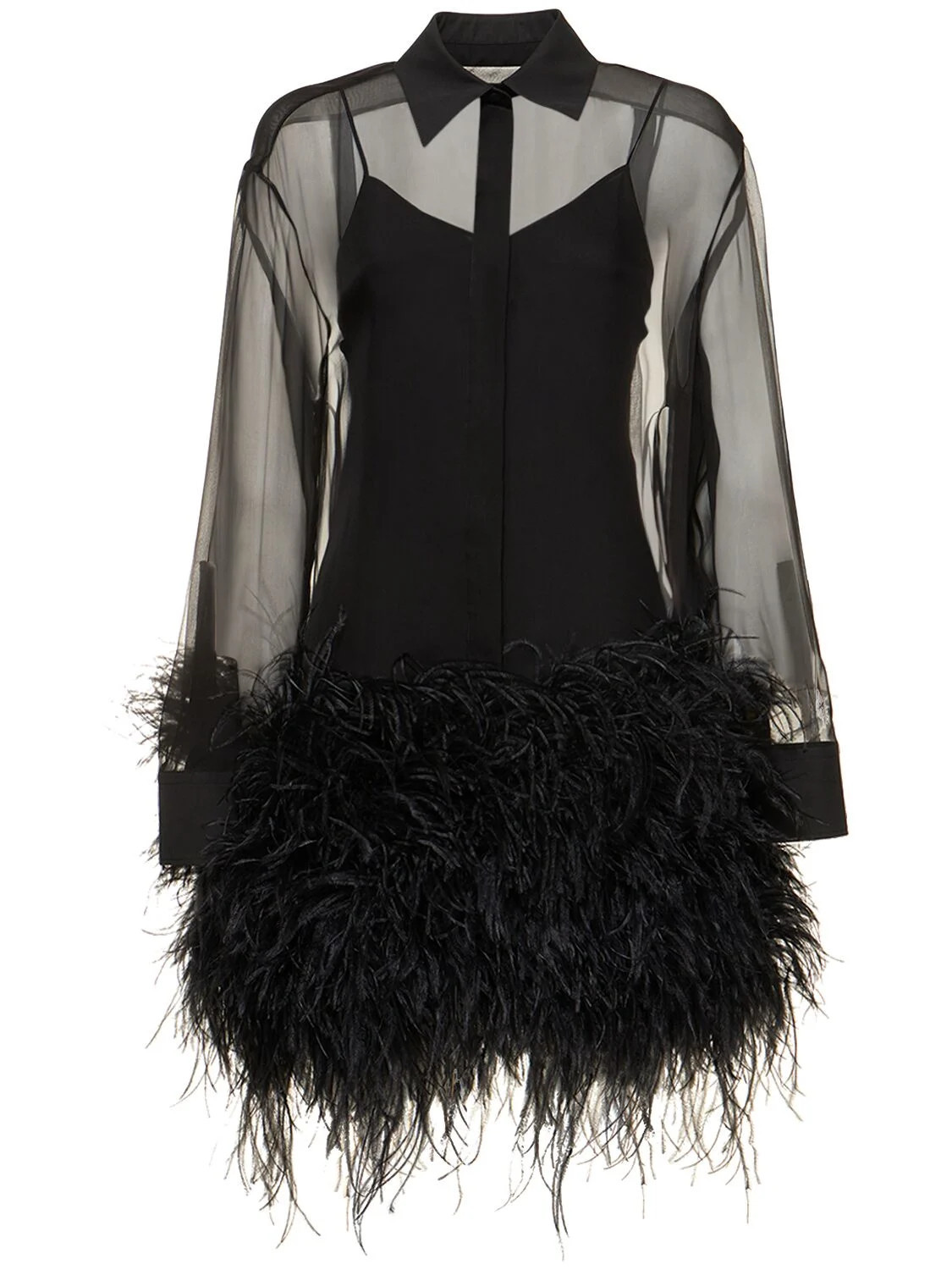 Silk Chiffon Mini Shirt Dress W/feathers | Luisaviaroma