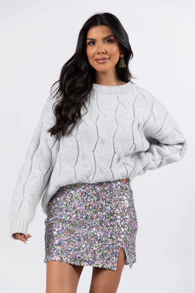 Steer Me Right Grey Oversized Cable Knit Sweater | Pink Lily