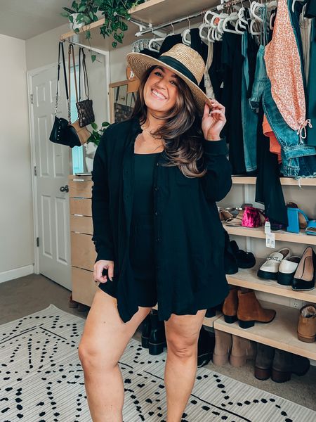 Comfy linen vacation two piece set wearing an xl in the button down top and xxl in the shorts for a loose fit 
Bodysuit xl (code: 20TARYN )

#LTKswim #LTKcurves #LTKunder50