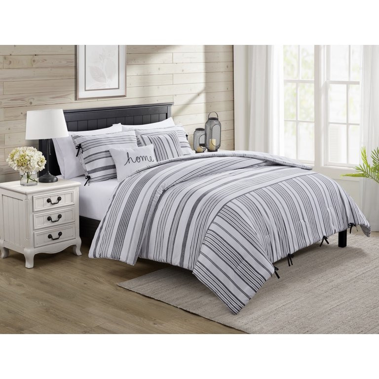 VCNY Home Farmhouse 5-Piece White/Grey Stripe Comforter Set, Full/Queen, Reversible - Walmart.com | Walmart (US)