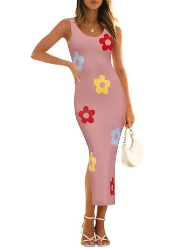 ZESICA Women's Summer Knit Bodycon Midi Dress 2025 Sleeveless Floral Crewneck Color Block Long Beach Party Dresses,Dustypink,X-Large | Amazon (US)