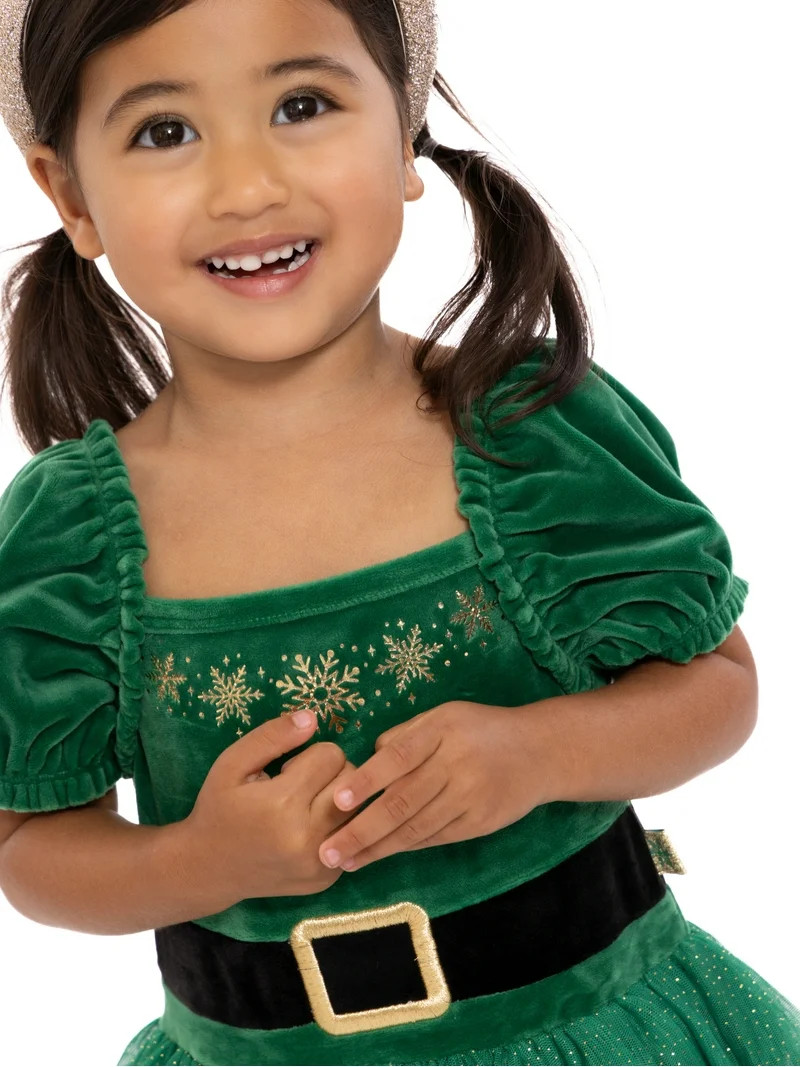 Holiday Time Toddler Girls Elf Velour Cosplay Dress with Puff Sleeves, Sizes 12M-5T | Walmart (US)