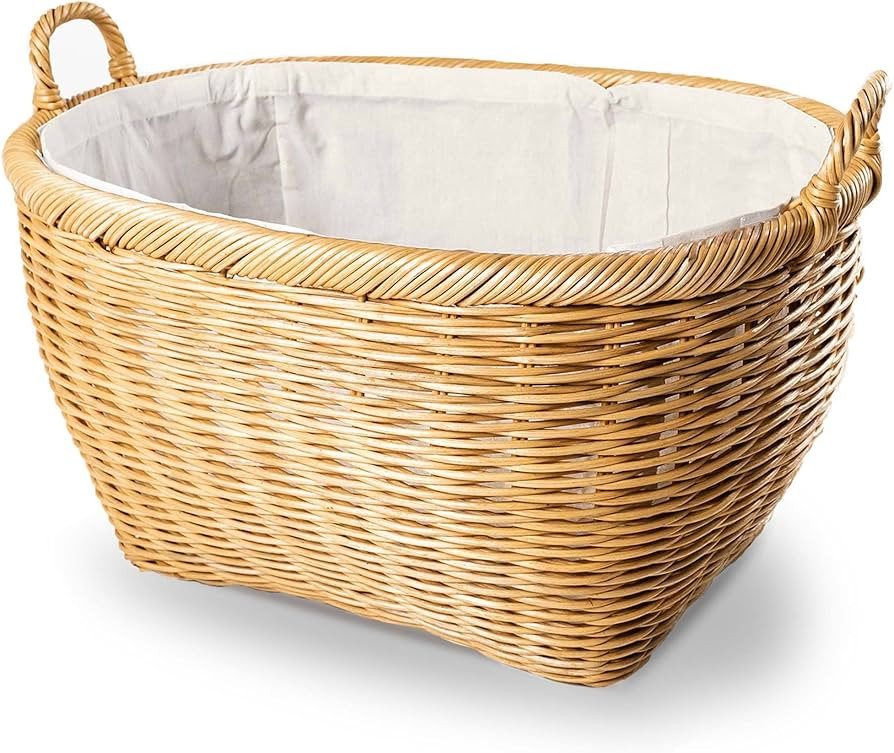 The Basket Lady Oval Wicker Laundry Basket, 25 in L x 19 in W x 14 in H (17 in overall H), Sandst... | Amazon (US)