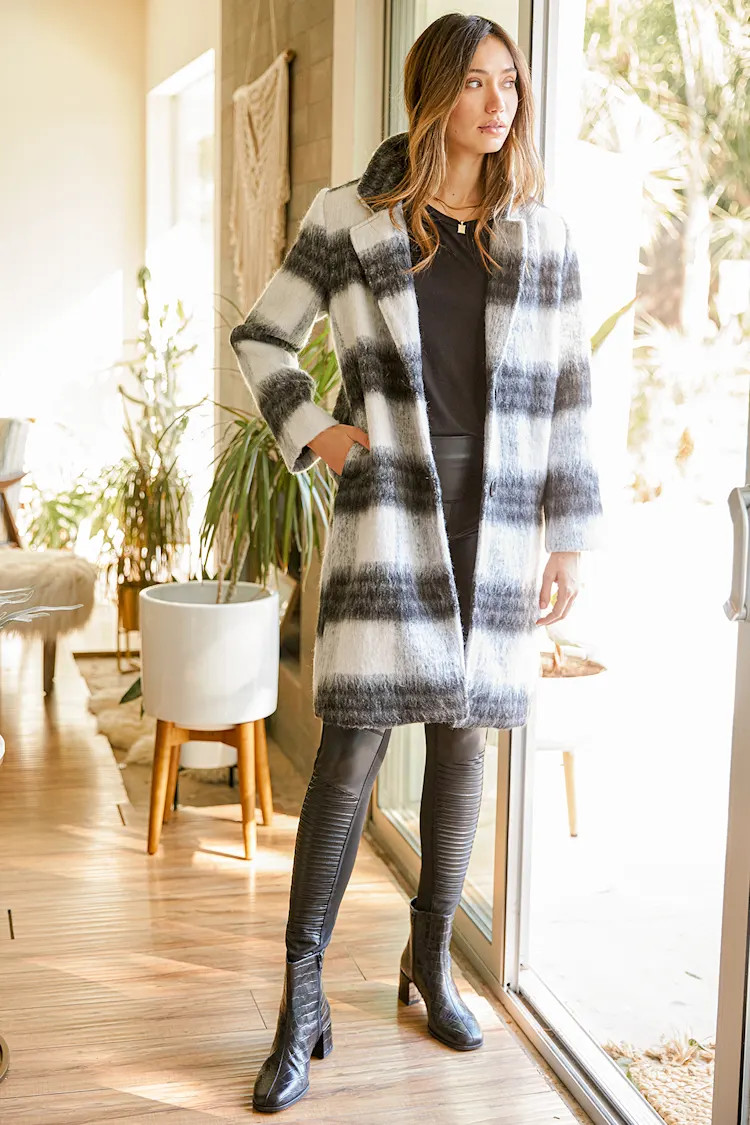 Charlie Black and White Plaid Brushed Wool Coat | Lulus (US)