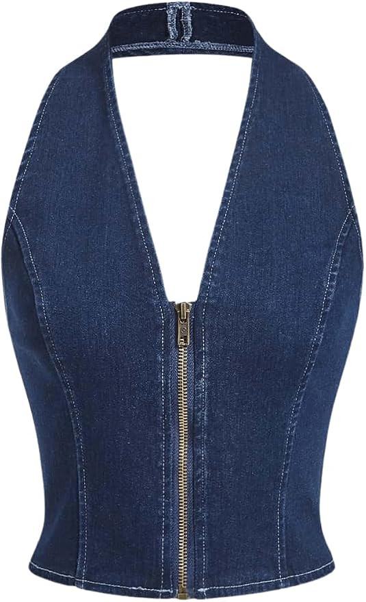 Floerns Women's Y2k Denim Halter Tops Backless Sleeveless Zipper Club Jean Crop Top | Amazon (US)