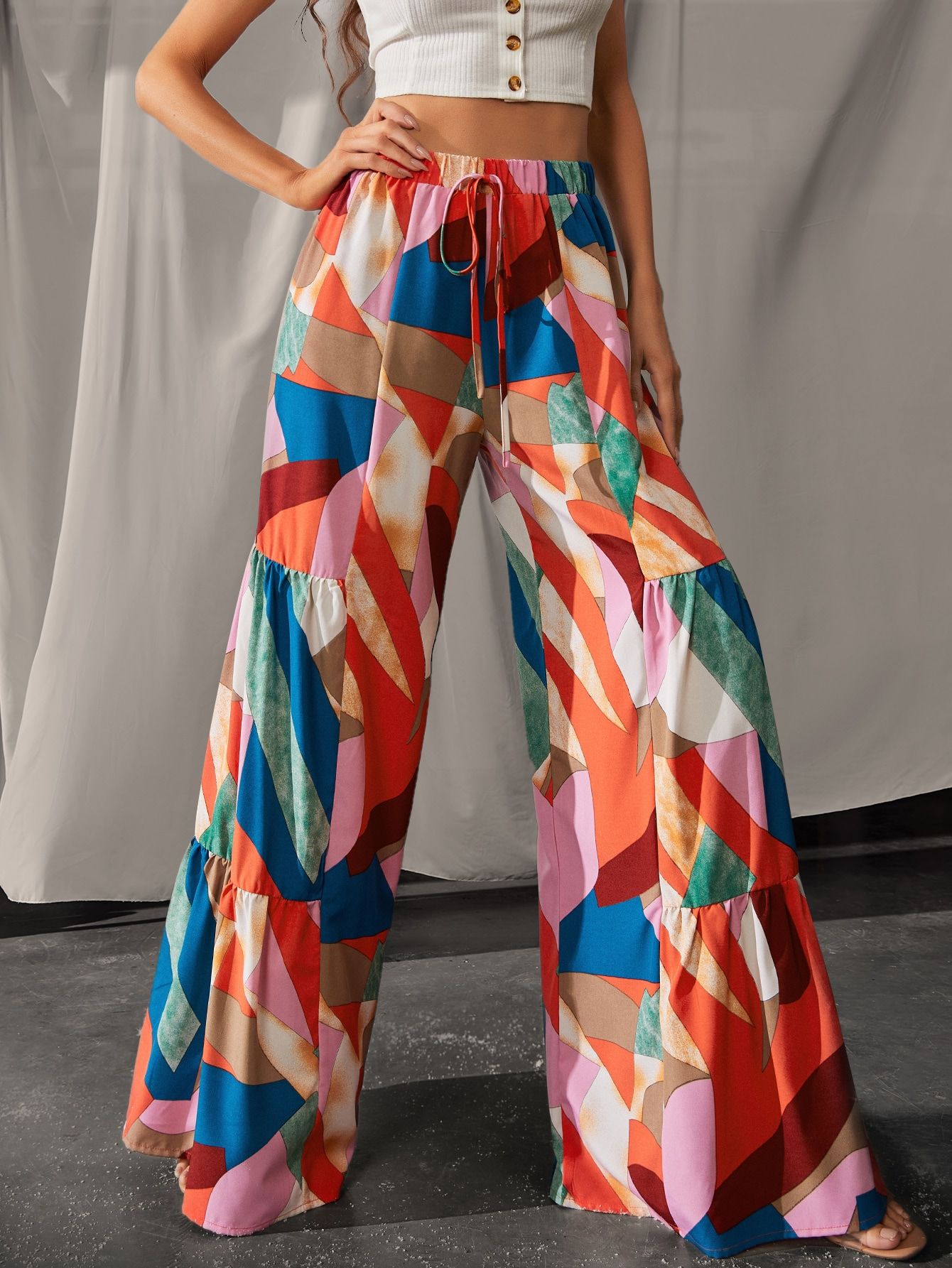 LUUKSE Geo Print Knot Front Wide Leg Pants | SHEIN
