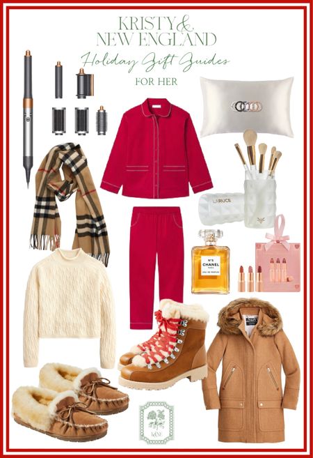 Holiday Gift Guide for Her: LAKE pajamas in red poplin, Slip silk pillowcases-so great for your hair & skin, Dyson Air Wrap Long Hair Kit, the best make-up brushes, the icon Burberry scarf, Charlotte Tisbury favorite lipstick stocking stuffer, Classic favorite scent Chanel no5, cashmere cableknit roll neck sweater, winter alpine boots, J. Crew Chateau Parka made even better in 2023, my favorite slippers. 

#LTKHoliday #LTKGiftGuide #LTKover40
