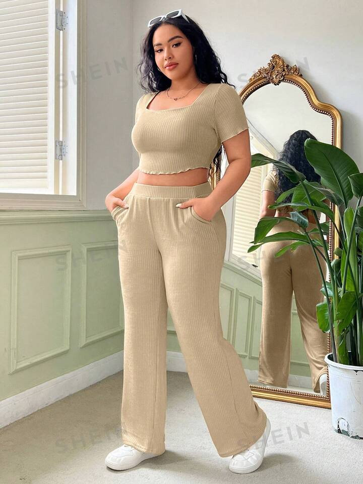 SHEIN EZwear Plus Size Women's Solid Color T-Shirt And Wide-Legged Pants Ribbed Casual Two-Piece ... | SHEIN