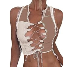 Remidoo Women's Sexy Open Front Chains Lace Up Crop Top Rib Knit Sleeveless Tank Tops Green Mediu... | Amazon (US)