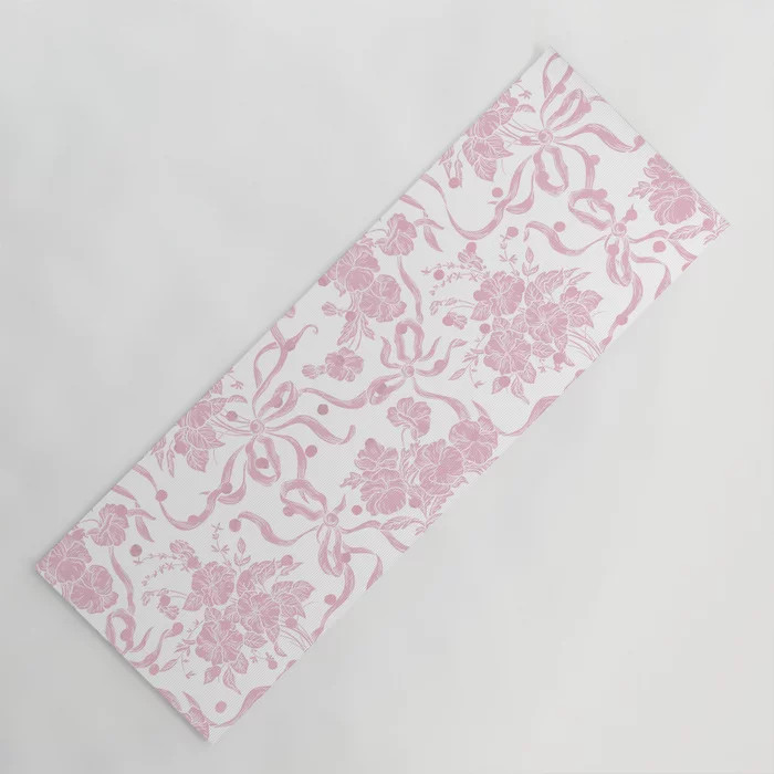 Vintage blush pink white bow floral polka dots Yoga Mat | Society6