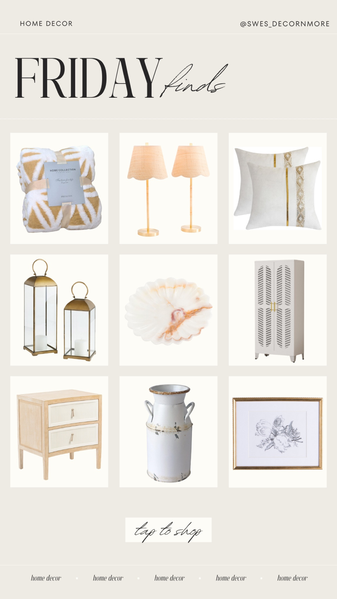 Here is a round up of some Friday finds! A great selection of wall art, throw blanket and pillows for the fall, cute table lamps, shell dish, metal farm house vase, lanterns, and even a night stand and stylish metal cabinet! 

#LTKSeasonal #LTKHome #LTKStyleTip