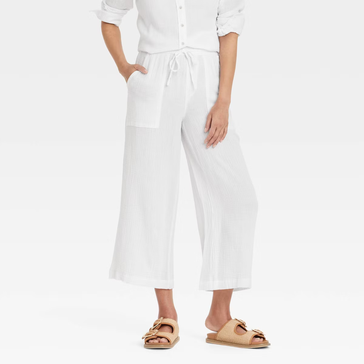 Women's High-Rise Gauze Wide Leg Pull-On Pants - Universal Thread™ White XL: Cotton Blend, Rela... | Target