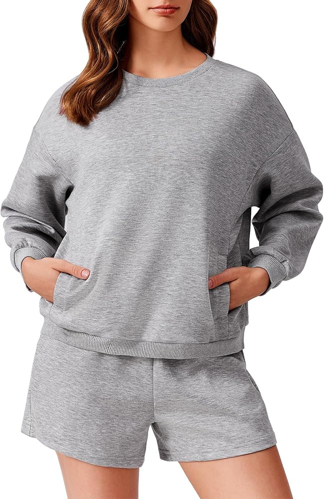 PINSPARK Two Piece Sets for Women 2024 Fall Outfits Sweatsuit 4 Pockets Sweat Short Sets Casual M... | Amazon (US)