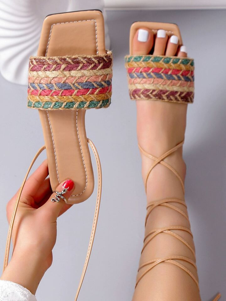 Women Braided Detail Tie Leg Design Flat Sandals, Vacation Summer Polyester Strappy Sandals | SHEIN