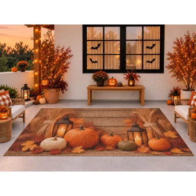 5' x 7' Outdoor Area Rug, Harvest Pumpkins Lanterns Autumn Halloween Pattern, Waterproof PVC Coil Loop Carpet, Heavy Duty Quick Dry Mat for Porch Deck | Wayfair North America