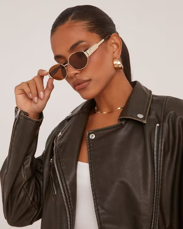 Oval Cateye Shape Side Detail Brown Tinted Lense Metal Frame Sunglasses In Gold | EGO (UK)