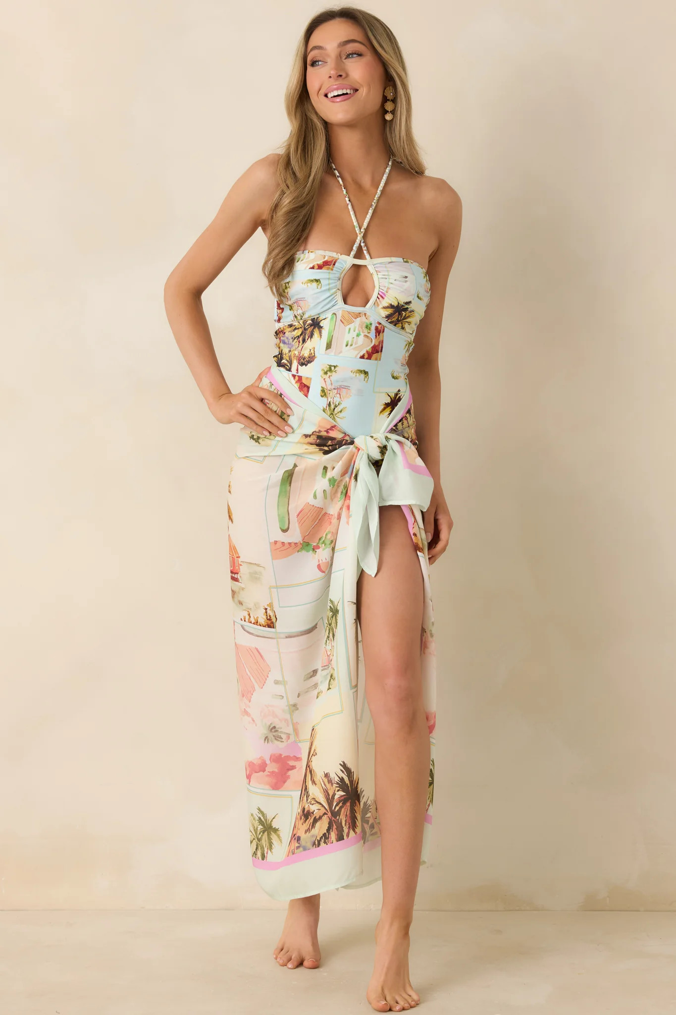 MINKPINK Dolce Multi Vintage Postcard Print Sarong | Red Dress