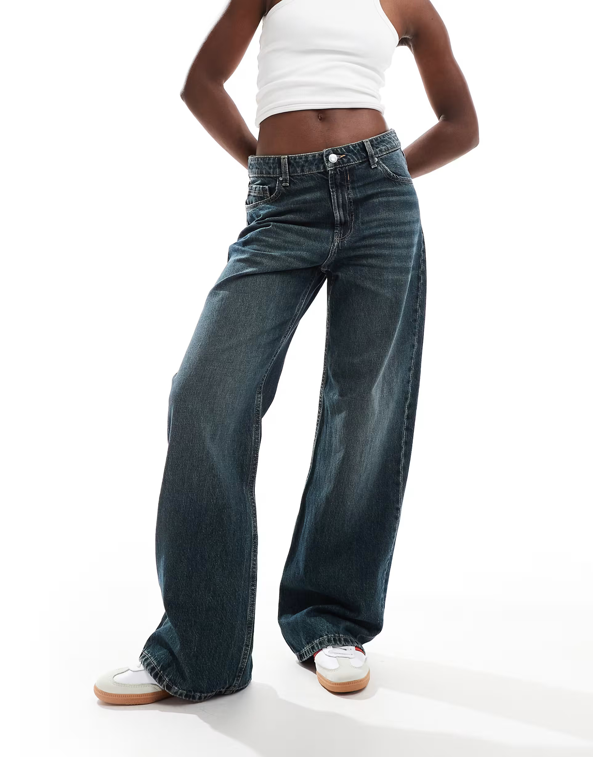 Bershka baggy wide leg jeans in dark wash blue | ASOS (Global)