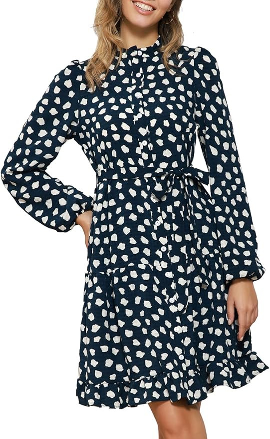 GRACE KARIN Women's Tiered Dress Casual Shirt Stand Collar Long Sleeve Dress with Belt | Amazon (US)