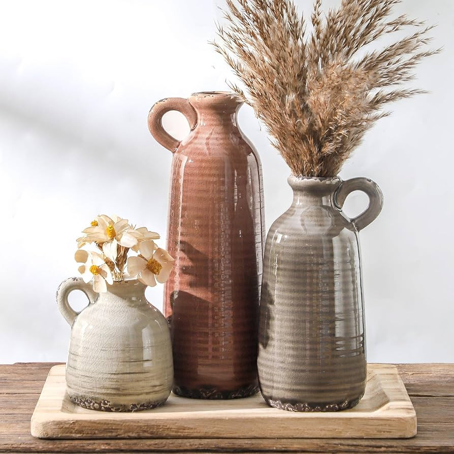 Ceramic Vases Set of 3, Neutral Rustic Farmhouse Vase with Handle, Decorative Flower Vases Home D... | Amazon (US)