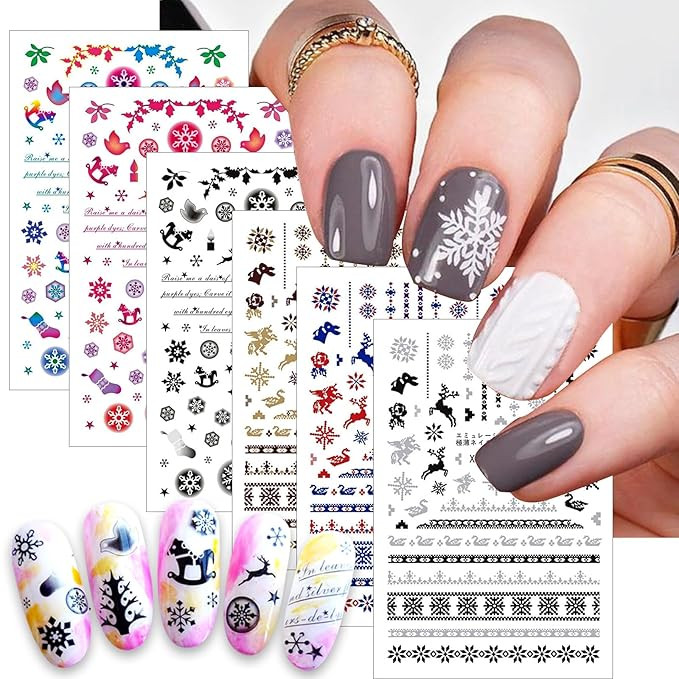 6 Sheets 3D Geometric Snowflake Nail Art Stickers White Black Gold Colorful Christmas Nail Decals... | Amazon (US)
