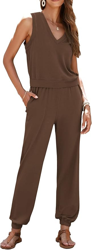 PRETTYGARDEN Women's Summer 2 Piece Tracksuit V Neck Tank Top Jogger Sweatpants Set Casual Lounge... | Amazon (US)
