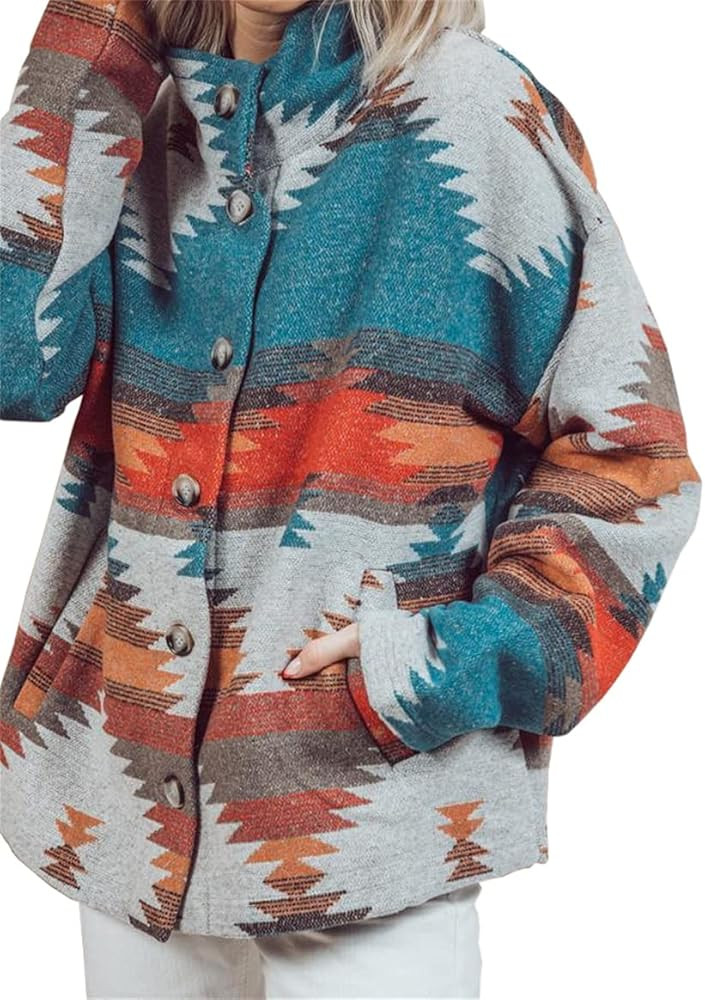 Heltapy Womens Aztec Shacket Jacket Loose Vintage Boho Wool Blend Coat Button Down Shirt Tops | Amazon (US)