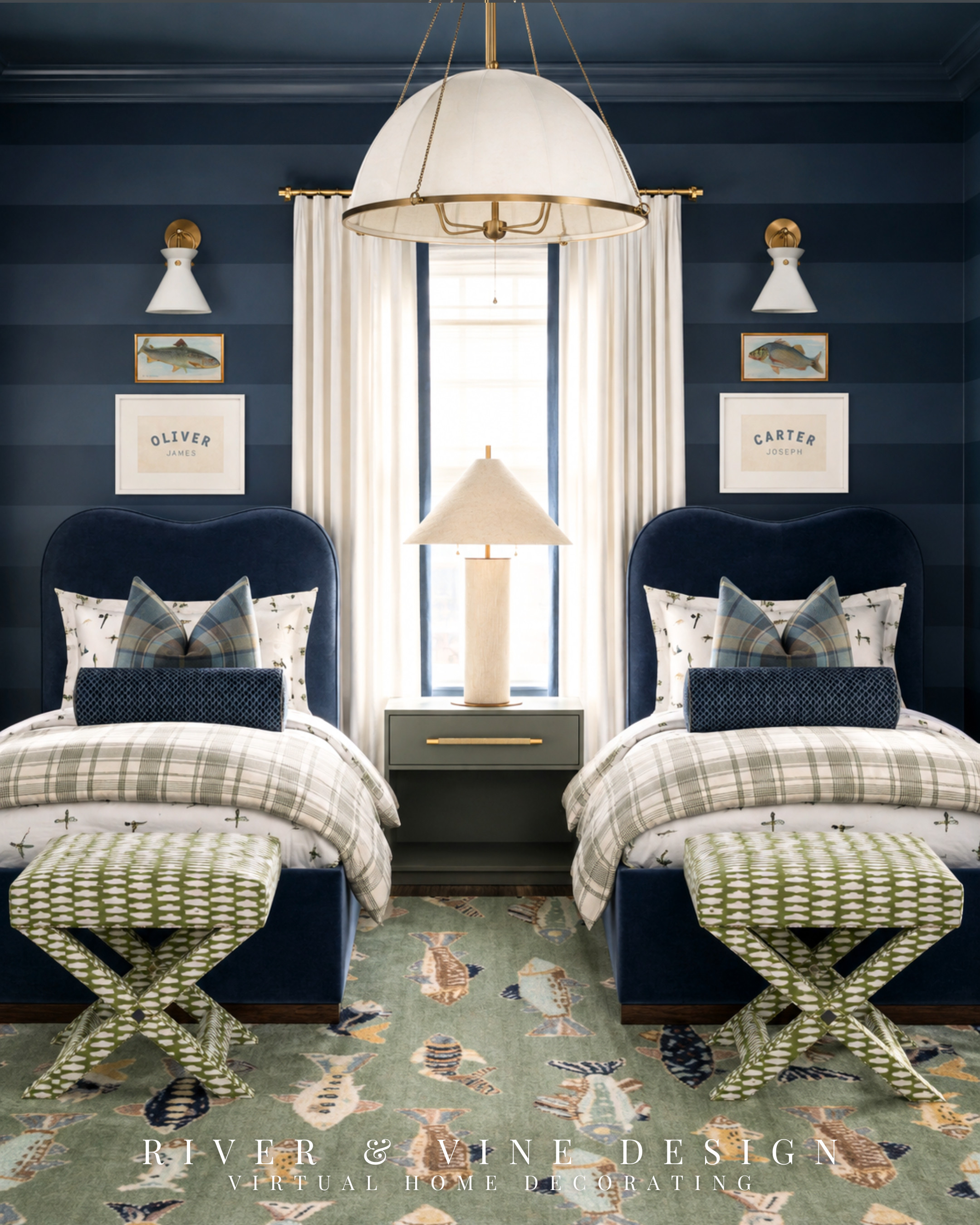 When two kids share a bedroom, the hardest part is making it feel cohesive without making either child feel like a guest in it.

Start by matching the largest pieces—the beds, bedding, and benches—so the room feels calm and intentional. Then give each child a few details that are distinctly theirs. Personalized artwork creates a sense of ownership without disrupting the symmetry, while the shared colors and fish-inspired accents keep both sides connected.

shared boys bedroom ideas, twin bedroom for boys, personalized kids bedroom decor, matching twin beds, classic boys bedroom, shared kids room design, navy kids bedroom, fish bedroom decor

I may receive a commission from purchases made through my links.
 

 #LTKHome #LTKKids