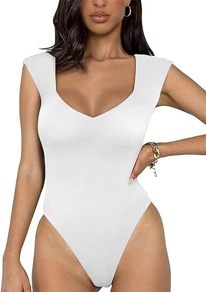 Women’s Tank Thong Bodysuit Sleeveless V Neck Double Layer Leotard Top for Going Out | Amazon (US)