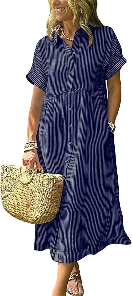 ebossy Women's Boho Striped Shirt Dress Button Up Side Slit Loose Mid Long Cotton Dress with Pock... | Amazon (US)