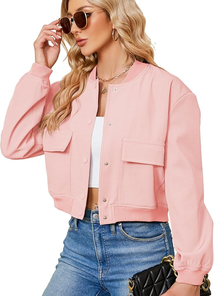 Zando Bomber Jacket Women 2026 - Short Cropped Jacket Women Button Down Long Sleeve Casual Varsit... | Amazon (US)