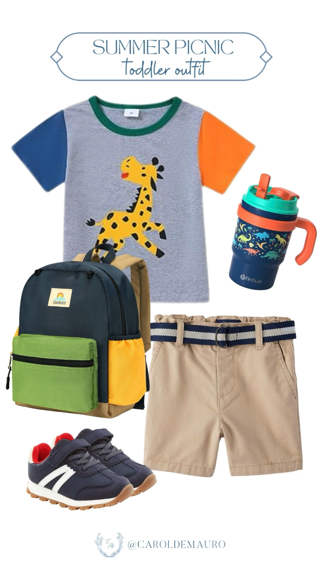 This giraffe tee with khaki shorts and navy sneakers is the cutest little picnic look for toddler boys. The color block print and woven backpack just make the whole thing.

kids outfit, toddler style, kids fashion, boys summer look, sneakers for toddlers, kids backpack

#LTKKids