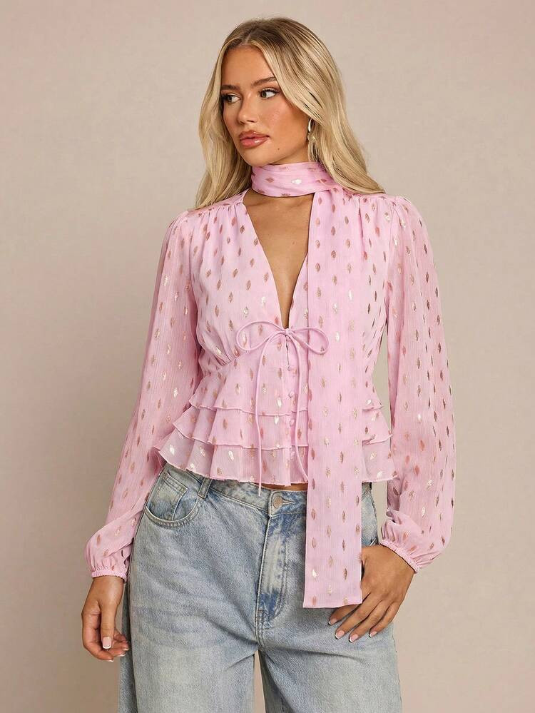 Glamine Women's French Style Casual Shirt With Metallic Gold Leaf Pattern, Detachable Ribbon, Lay... | SHEIN