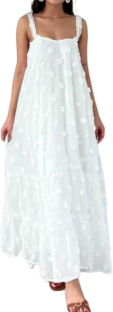 Women's 3D Flower Maxi Long Cami Dress Sleeveless Frill Tiered Flowy A-Line Dress | Amazon (US)